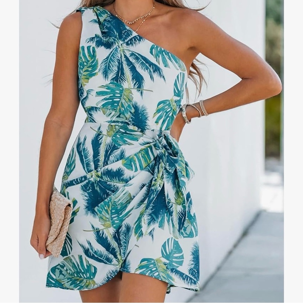 Women's One Shoulder Leaf Print Self-tie Short
